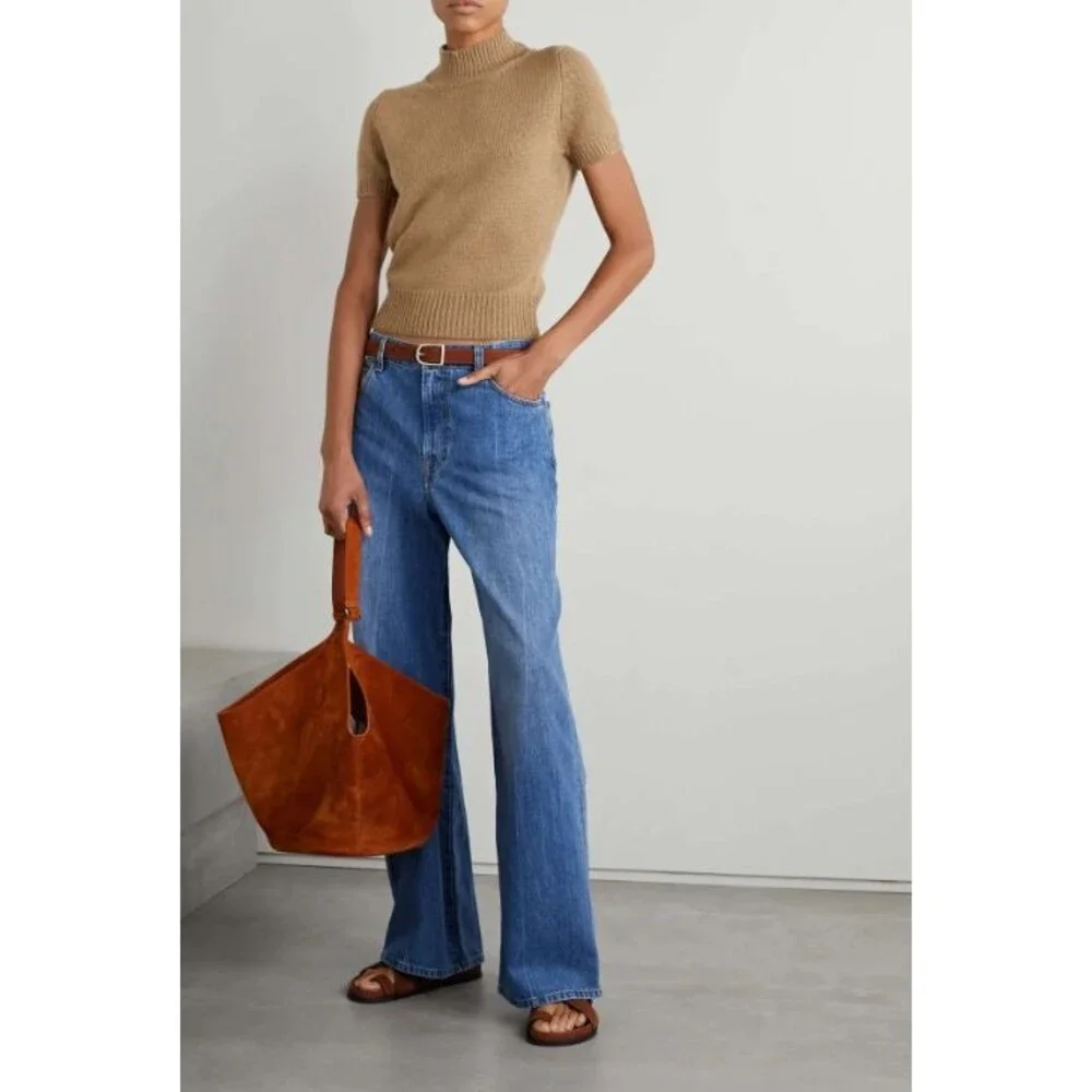Nili Lotan Cambridge Short Sleeve Camel Hair Sweater Turtleneck Tan Size Small